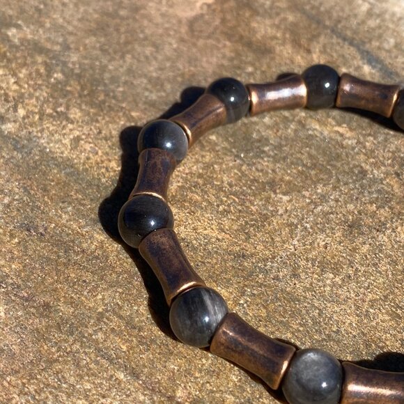 Wanderer and Gatherer Bracelet - Silver Obsidian and Bamboo brass bead SM-MED - Picture 5 of 5